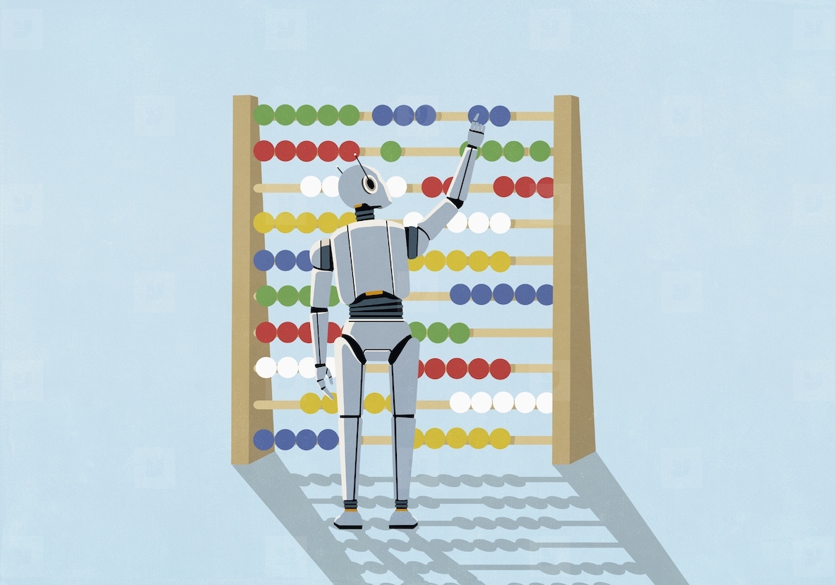 Humanoid robot adjusting beads on large abacus