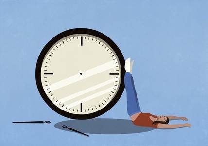 Carefree woman relaxing with feet up on large clock with no hands Carefree woman relaxing with feet up on large clock with no hands