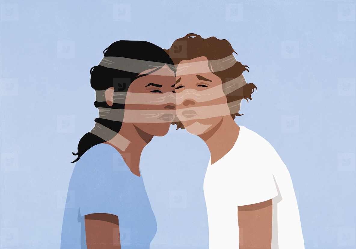 Faces of multiracial couple stuck together wrapped