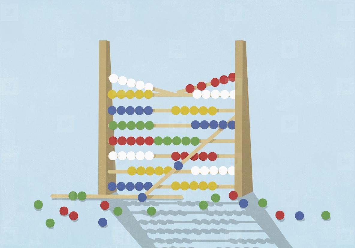 Multicolored beads falling from broken abacus