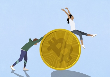 Man pushing carefree wife on large Bitcoin