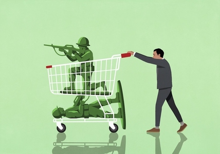 Male politician pushing shopping cart with GI Joe figures