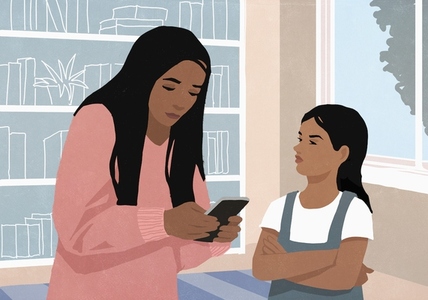 Angry daughter watching mother using smart phone