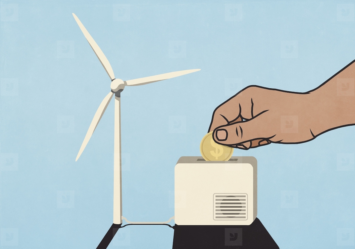 Hand depositing American dollar coin into wind turbine