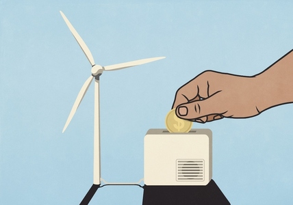 Hand depositing American dollar coin into wind turbine