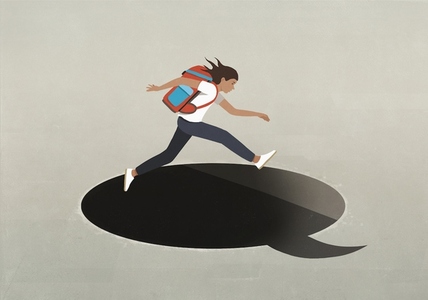 Schoolgirl with backpack jumping over black hole speech bubble