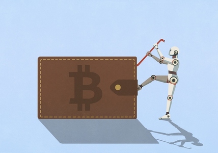 Humanoid robot with crowbar attempting to pry open large Bitcoin wallet