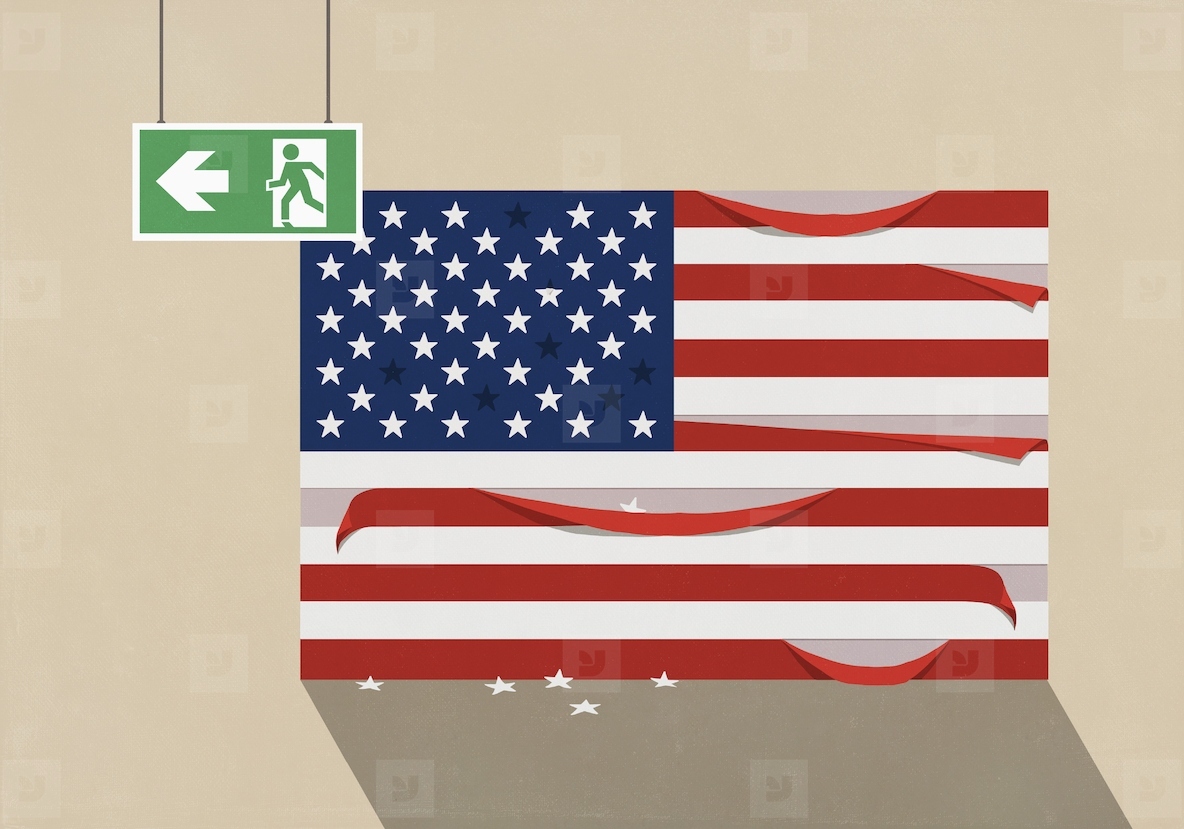 Emergency exit sign hanging over damaged American flag