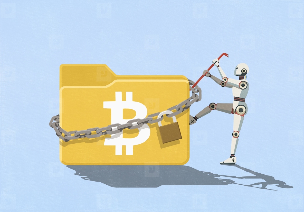 Humanoid robot with crowbar attempting to pry open padlocked