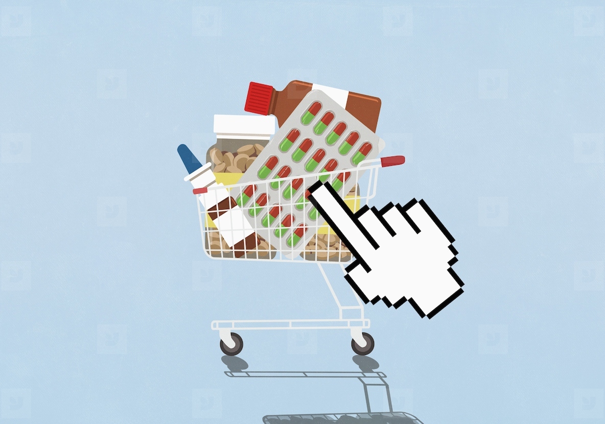 Hand pointer cursor hovering over shopping cart full of medication