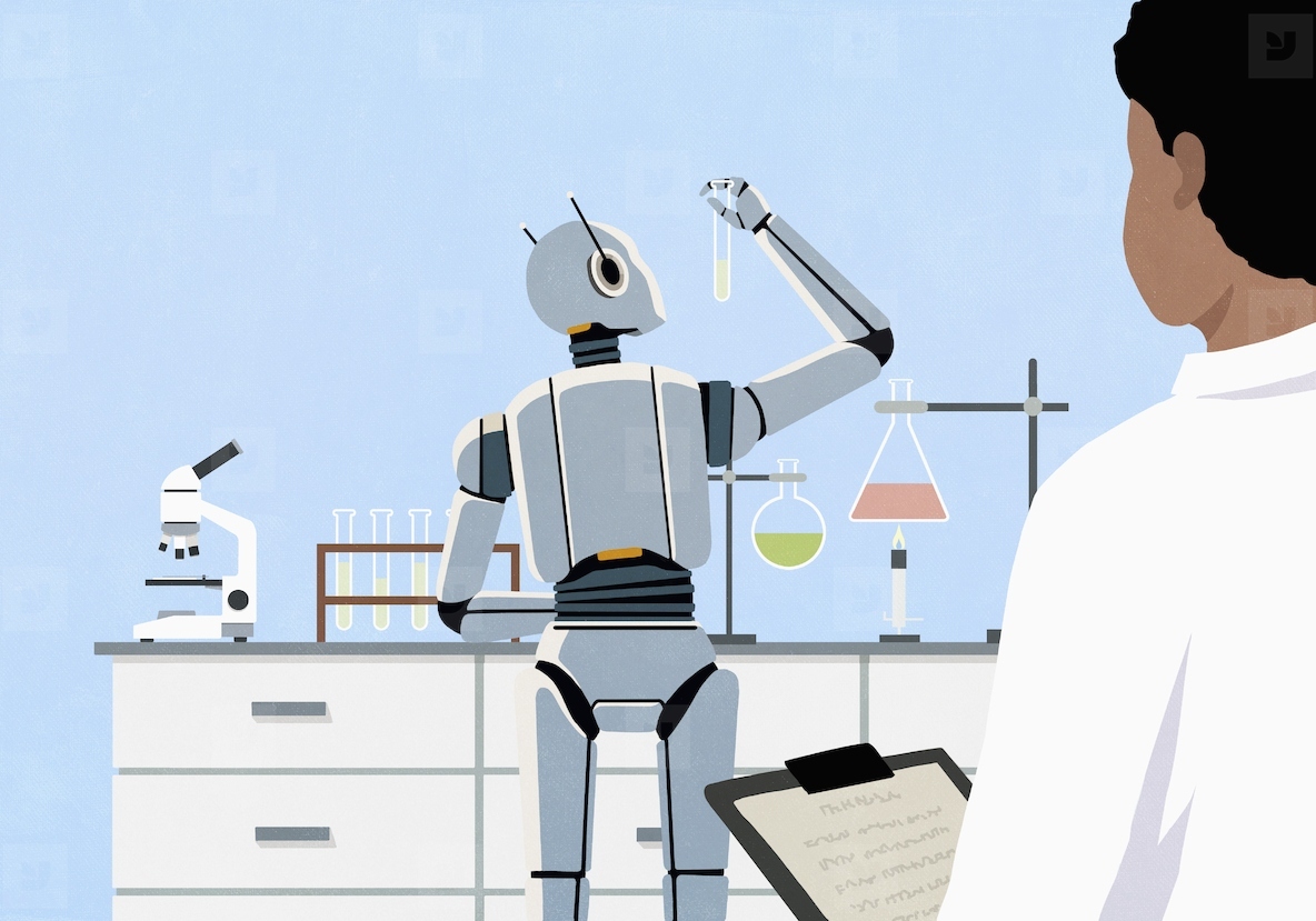 Male scientist observing humanoid robot working with test tube