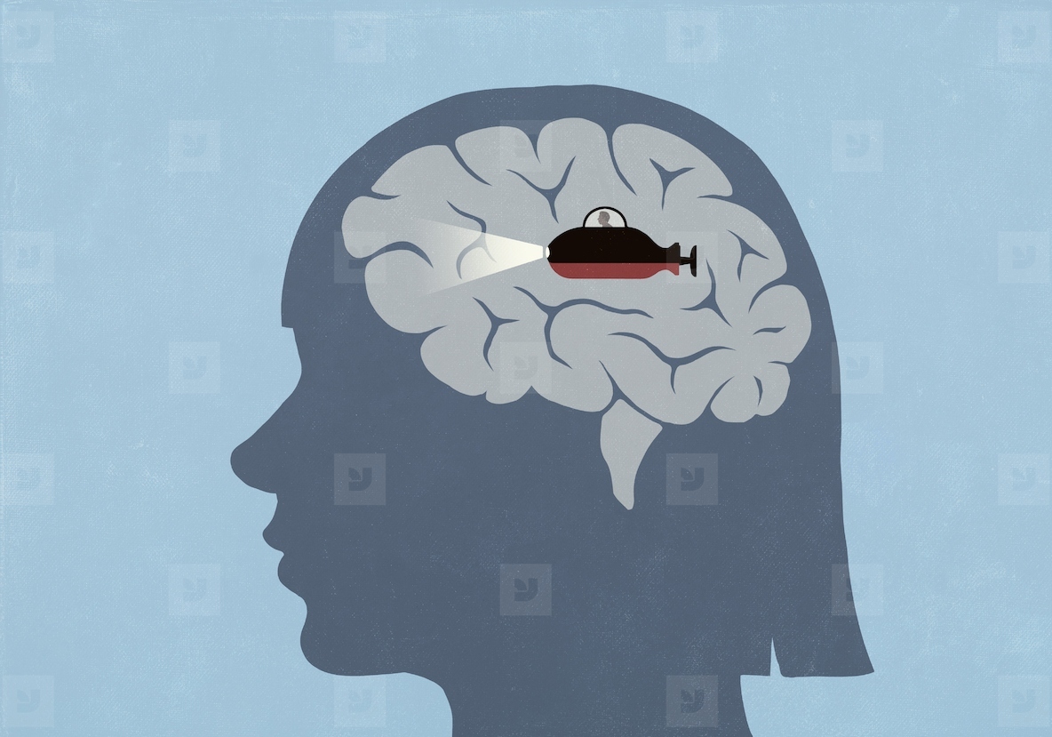 Mini spaceship with headlight inside brain of silhouetted girl