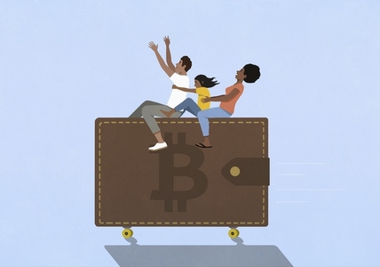 Exhilarated family riding large Bitcoin wallet on wheels