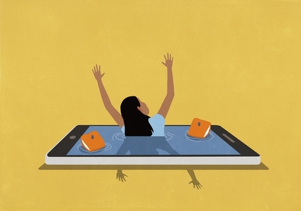 Woman with arms raised sinking in digital tablet