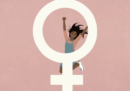 Carefree woman jumping for joy behind female symbol
