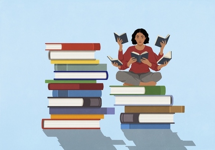 Woman with multiple arms reading many books at same time