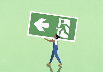 Woman in overalls carrying large exit sign on green background