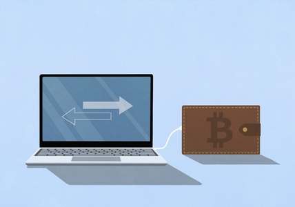 Bitcoin digital wallet plugged into a laptop with arrows on screen