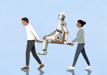 Couple carrying humanoid robot on sedan chair