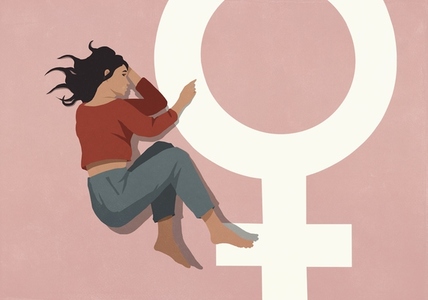 Woman laying in fetal position next to female symbol