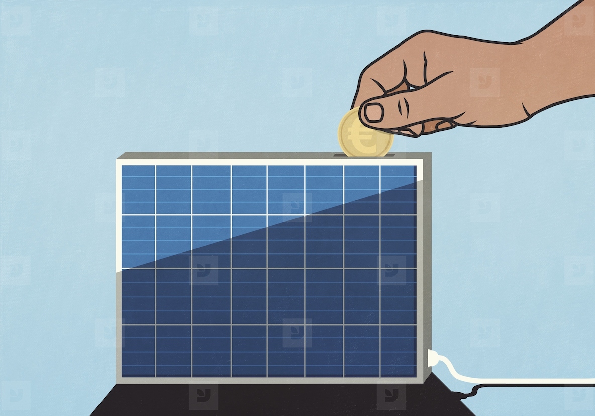 Hand depositing Euro coin into solar panel