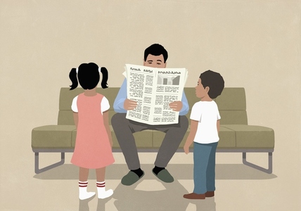 Neglected kids watching father reading newspaper