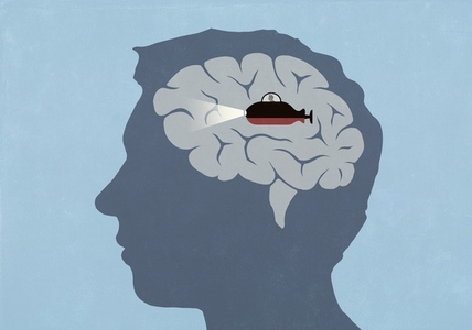 Spaceship with headlight inside brain of silhouetted mans head