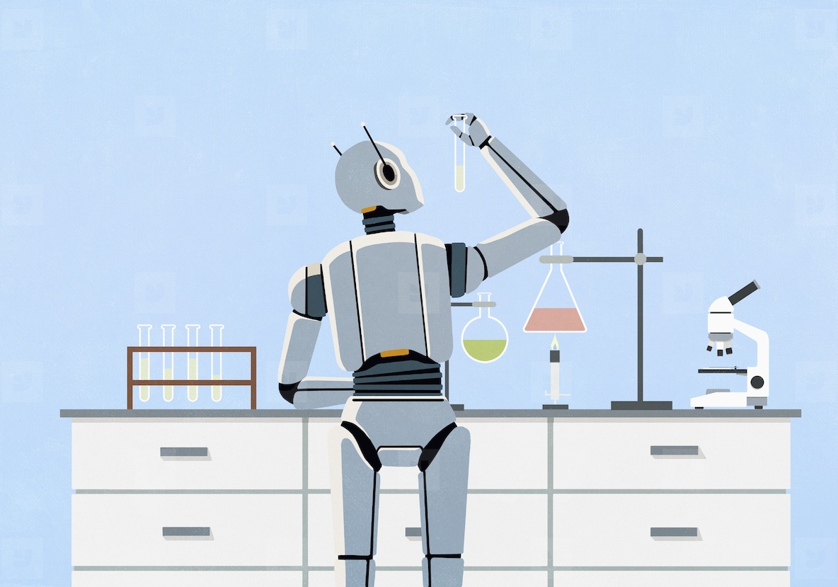 Humanoid scientist robot working in science laboratory