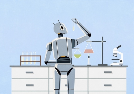 Humanoid scientist robot working in science laboratory