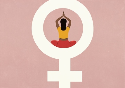 Woman practicing yoga with arms raised inside female symbol