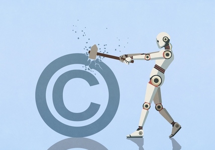Humanoid robot with sledgehammer breaking large copyright symbol