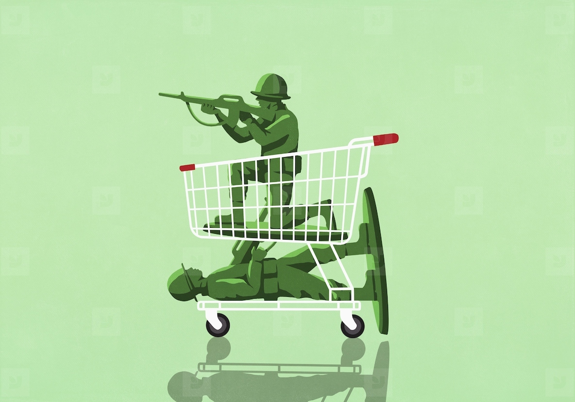 GI Joe Army soldiers with rifles in shopping cart
