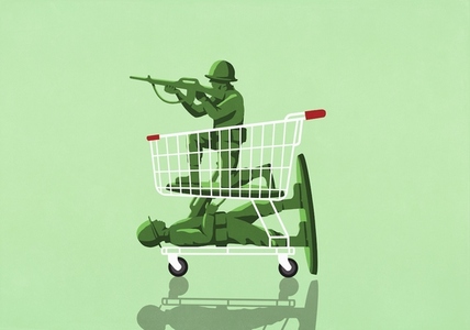 GI Joe Army soldiers with rifles in shopping cart