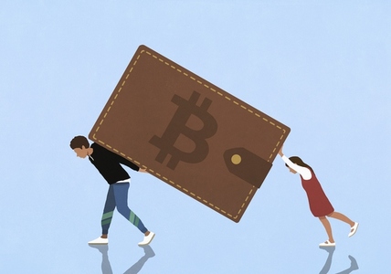 Young couple carrying large heavy Bitcoin wallet