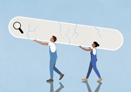 Couple in overalls carrying large cracked search bar