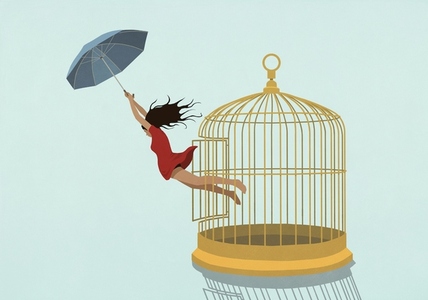 Woman with umbrella escaping from birdcage