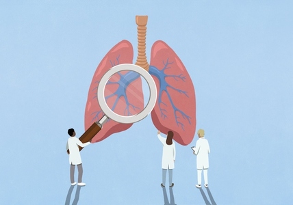 Scientists with magnifying glass examining large lungs
