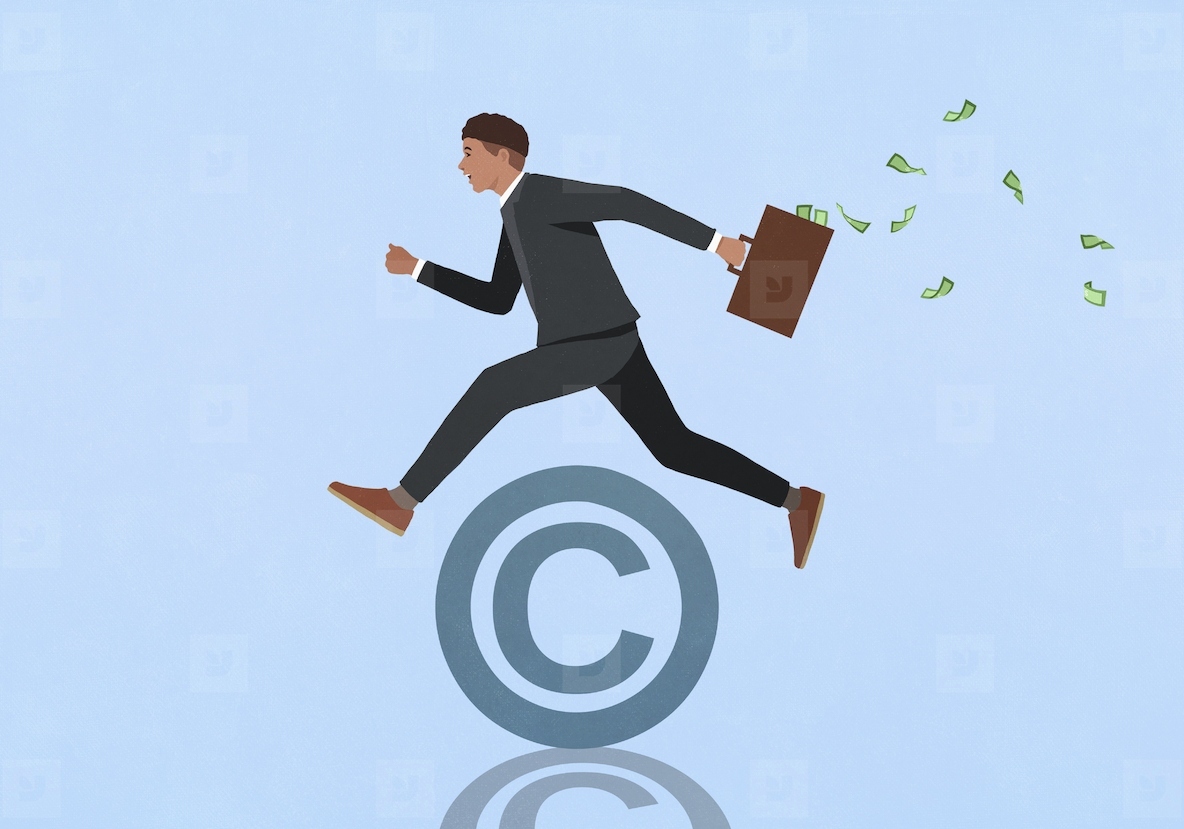 Businessman with money briefcase jumping over copyright symbol