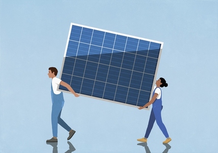 Couple in overalls carrying large solar panel