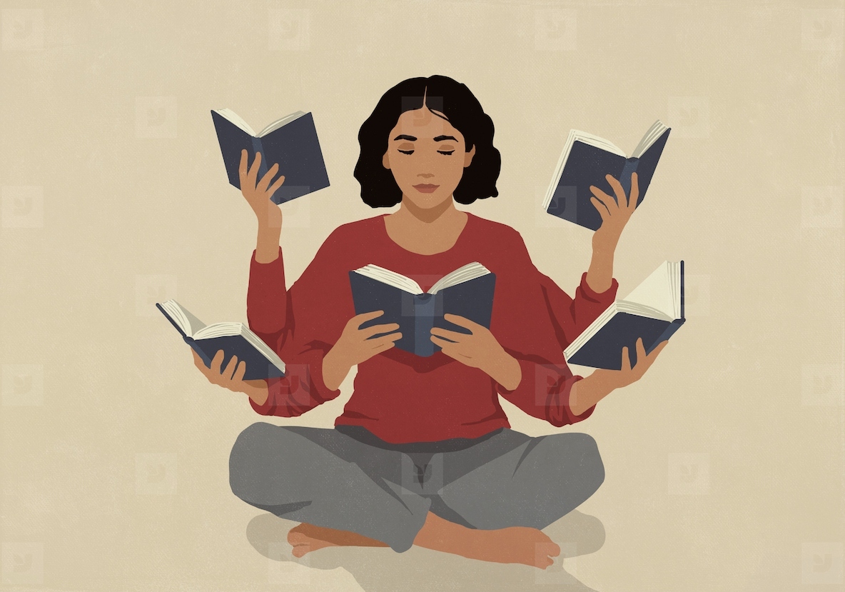 Woman with multiple arms reading five books