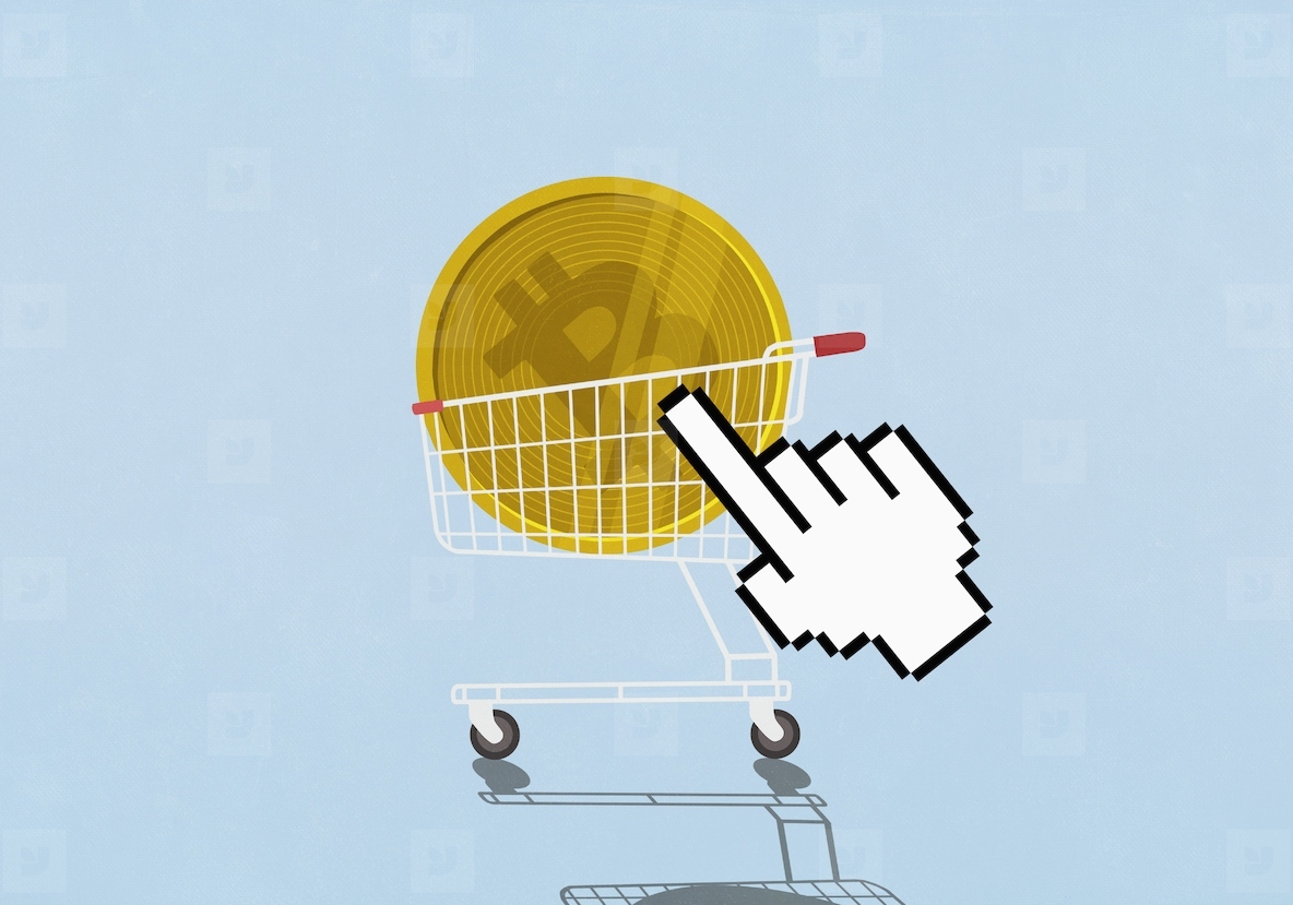 Pointing hand cursor hovering over Bitcoin in shopping cart