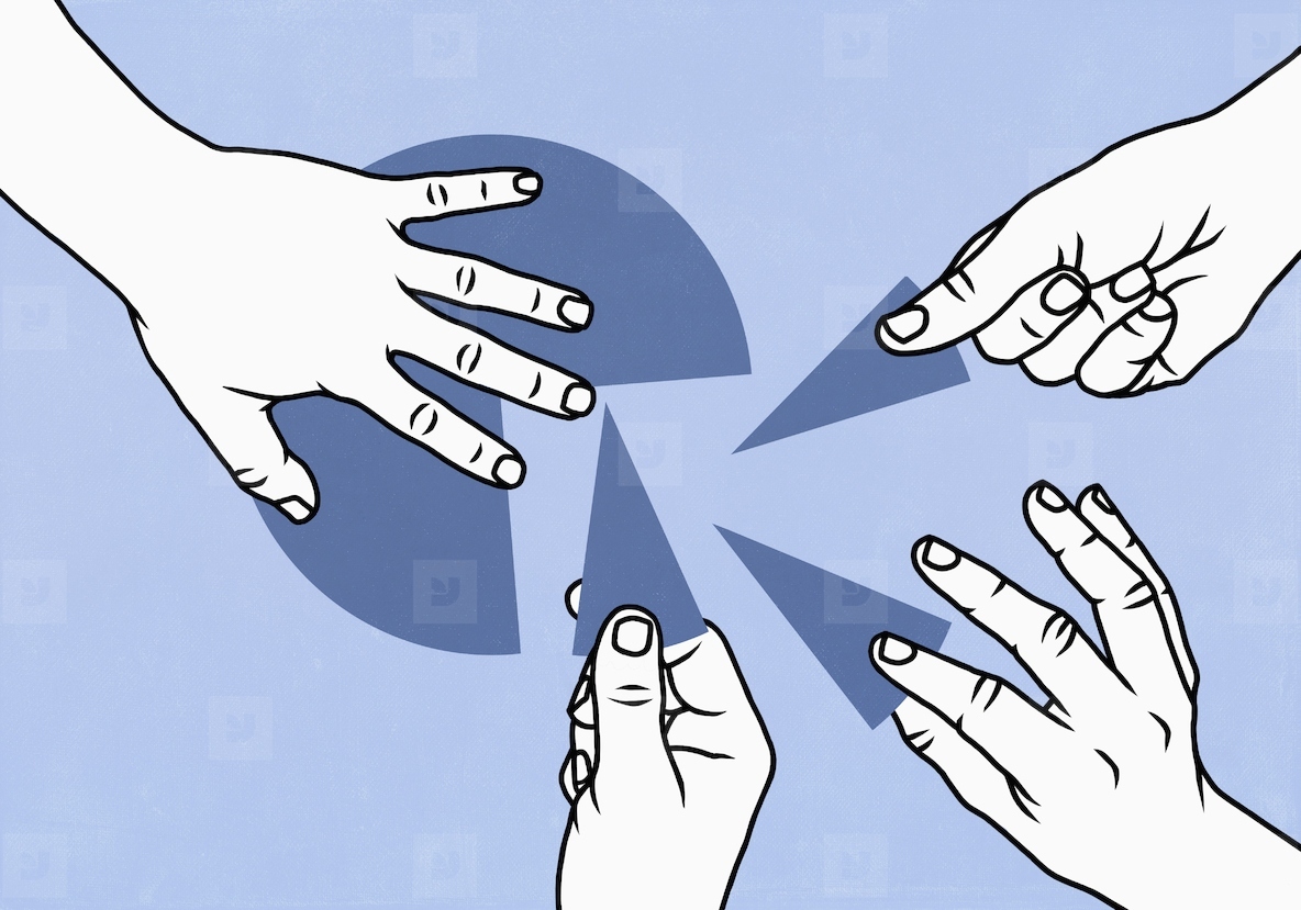 View from above of hands reaching for piece of pie