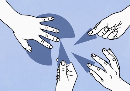 View from above of hands reaching for piece of pie