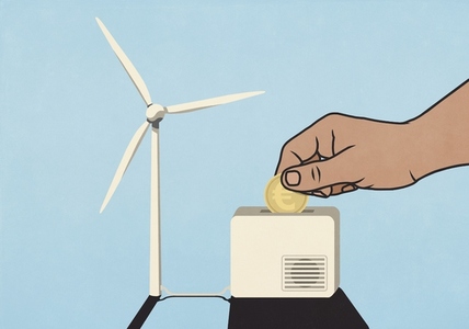 Hand depositing Euro coin into wind turbine