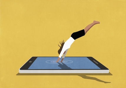 Woman diving into large digital tablet
