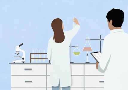 Scientists conducting experiment in chemistry laboratory