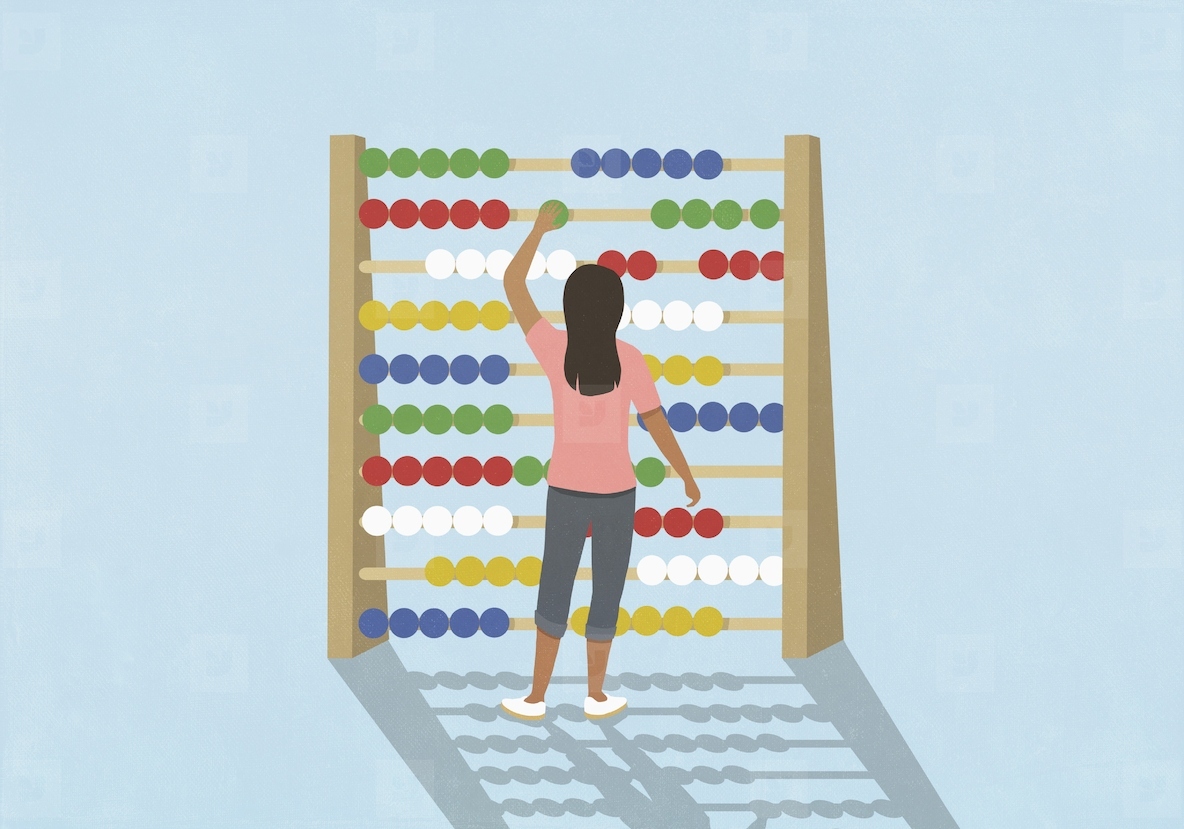 Woman budgeting adjusting beads on large abacus
