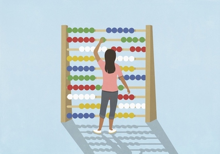 Woman budgeting adjusting beads on large abacus