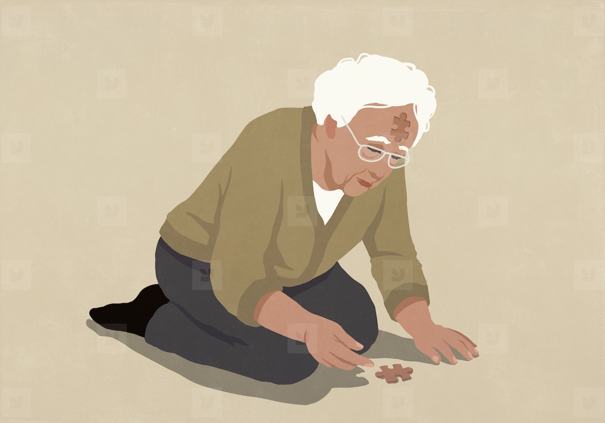 Senior man with jigsaw indent in forehead reaching for puzzle piece