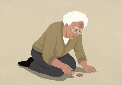 Senior man with jigsaw indent in forehead reaching for puzzle piece